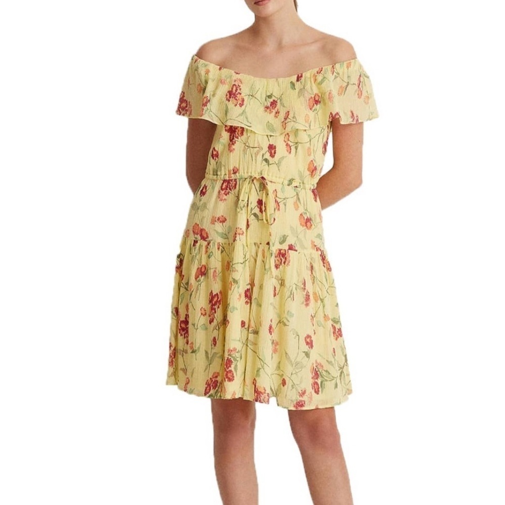 Ralph Lauren Women’s Yellow Pink Floral Crinked Cotton Dress size 12